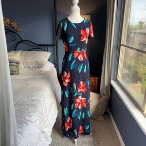 Navy Blue Tropical Hawaiian Maxi Dress